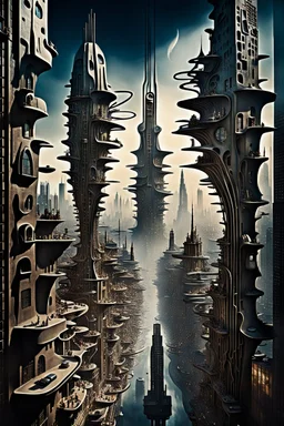 a stunningly weird image of a futuristic metropolis using Salvador Dali's paranoiac-critical method, where buildings and structures appear to melt into the skyline cityscape is filled with floating mad, twisted sharp metal shapes that interact with the buildings and each other, forming a surreal tableau of a dreamlike reality. neu-steampunk vibe, essence of the scene in a cinematic manner, with dramatic shadows that enhance the distorted perspectives and bizarre
