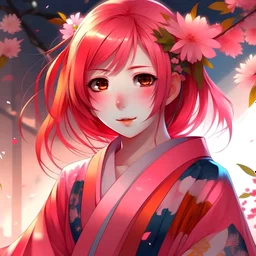 girl kimono anime pink hair red eyes and beautiful