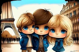 cute brown haired brown eyed mexican chibi boy and a blonde blue eyed chibi girl in love in Paris