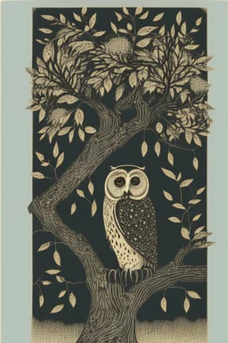 in a cosy vintage style, an owl sits in a black tree