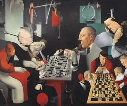 Complex Surgical Instruments,Putin, President Xi Of China And Joe Biden Play Chess with a Newborn Boy,black background,surrealism,Painting By Adrian Ghenie,Michelangelo,Rene Magritte,Lucian Freud,Salvador Dali,Pablo Picasso