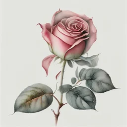 single stunning rose in botanical watercolour illustration on white background, full size, sharp, sharp focus, 8k