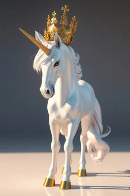 A hyper-realistic 3D Surreal digital painting ,magic unicorn with a golden crown on top of it ,Sun Light, Shiny Simple White Costumei, Perfect Legs ,Full Size Beautiful Natural look ,Long Legs , , detailed face, ideal face template, Realistic Elements, Captured In Infinite Ultra-High-Definition Image Quality And Rendering, Hyperrealism, real world, in real life, realism, HD Quality, 8k resolution, , real photo
