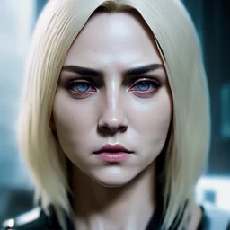 Photorealistic headshot of a fierce blonde assassin cyberpunk dynamic pose