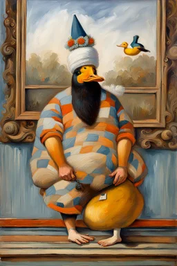 big fat Hairy man with a duck hat.19th painting