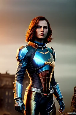 ultrarealistic, ruined city,__mass effect armor__, __angles__, 19 year old woman, strikingly beautiful, ginger hair, silver colour, [__starlets__|__starlets__], (pale __skincolor__ skin:1.2), __camera__, _hair_, detailed face and eyes, medium breasts, leather choker, freckles, dynamic pose, resolved expression, __accessory__, strappy outfit, (straps:1.1), sword in scabard on left hip, (buckles, buttons, snaps, rings:1.0), haltertop style breastplate, detailed eyes, plump lips, sci-fi theme