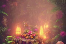 love, high contrast, Tropical flowers,heart drawing, crystals, tropical leaves, sacred altar, Fantasy temple,