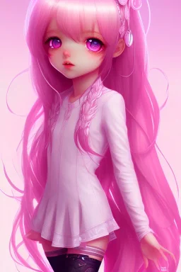 Loli, hands behind back, wholesome, innocent, long pink hair, tilted head