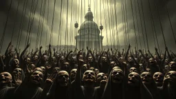 a corrupt government looms above, pulling the strings of hundreds of puppets below, the news broadcasts the puppets' suffering everywhere, dystopian, horror