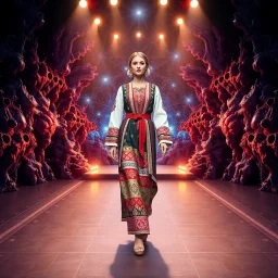 A full-body shot of a beautiful lady wearing azeri folk costum walking on a nice stage and looking at the camera 3D fractal interstellar world.