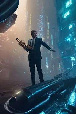 saxophone player, caucasian man, big hair, film noir setting, blade runner, volumetric lighting, particals, intricate detail,realistc, close up