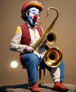 happy and funny old friendly clown with round head and trimmed beard playing jazz with a steampunk theme, trumpet on mouth, carnival, dreamy