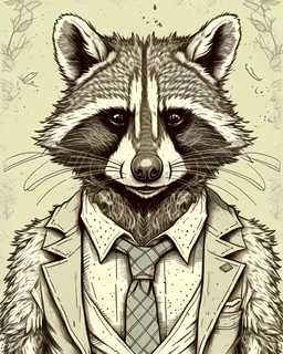 rugged, disheveled raccoon in a suit and tie, drawing, scientific illustration, vintage, mischievous