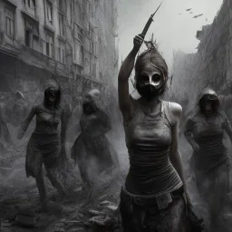 women, faces covered in black masks, ragged clothes, holding flag, war-torn, destroyed city in the background, 8k resolution, hyperrealistic, detailed matte painting, b&w, dynamic lighting, war, anarchy, terrorists