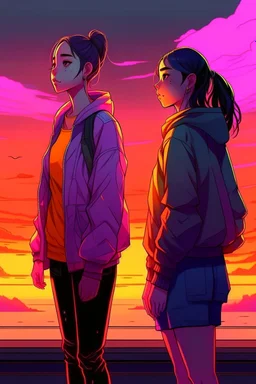 gün batımını izleyen 2 kız 2D biraz daha detaylı daha fazla detay ve 2d yüzleri hafif görünüyor yüzleri görünüyor farklı bir tarzda detaylı farklı ve detaylı kıyafetler kıyafetler düzgün olsun ve hava soğuk farklı bir tarz Farklı bir tarz ve neon farklı bir poz gta tarzı farklı poz ve farklı kızlar