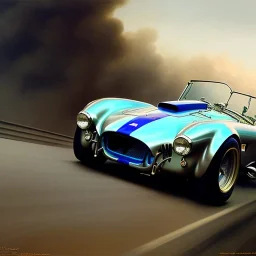 hyperrealism Drawing of 'AC Shelby Cobra 427' three quarter frontal aerial view, by gaston bussiere, greg rutkowski, yoji shinkawa, yoshitaka amano, tsutomu nihei, donato giancola, tim hildebrandt,oil on canvas, cinematic composition,Sharp detail,extreme detail,fit full head inside picture,16k