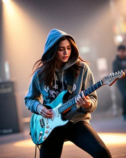 attractive woman wearing a hoodie and playing an electric guitar