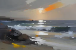 seascape with sunset by Chris bushe with thick oil and palette knife