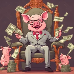 rich pig in suit on a throne making stacks of money by making a deal with a buisnessman. background of musicians