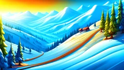 Fantasy cartoon style: view down the ski slope from the top of the hill