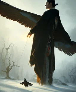 native american shaman, wizard doctor, long black hair, black hooded coat like wings, 8k resolution concept art portrait by Greg Rutkowski