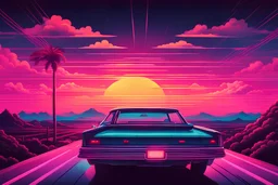 Retro wave, synth wave, with neon light, sunset, clouds, 1960ies car from the back, driving