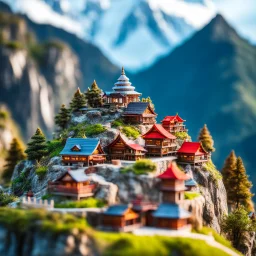 Miniature Himalayan village and a monastery on the top of the mountain with bokeh effect adventure.