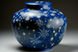 A dark blue tundra in winter season with falling snowflakes designed in African pottery painted by Edgar Degas