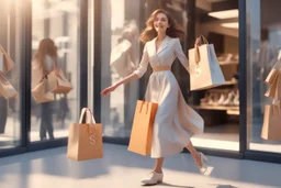 3D video game character elegant young woman enthusiastically and cheerfully comes out of a fashion store, on her arms several elegant branded paper bags, in the window clothes and shoes, S<AI in sunshine