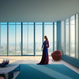 photograph of a woman, standing in a modern living room with large windows, stunning environment, ultra realistic, concept art, elegant, ((intricate)), ((highly detailed)), depth of field, (((professionally color graded))), 8k, 85mm, f/1.8, art by artgerm and greg rutkowski and alphonse mucha