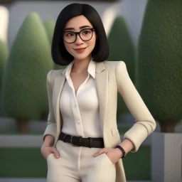 a portrait of smiling woman wearing ivory blazer with white shirt inside. long black hair. light skin. black eye pupils. big nose. pear face shape. wearing small white transparent rectangle eyeglasses. thick eyebrow. pixar style. 3D. 4k. portrait. highly detailed. sharp focus. high resolution. full color. cinema lighting