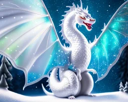 mdjrny-v4 style, a white dragon with fairy-like transparent glowing and sparkly wings standing in snow, full body, silver and teal background, glowing soft and smooth wings, realistic, highly detailed intricately detailed, shiny snowy background, soft studio lighting, trending on artstation, by artist "Julie Bell", by artist "Greg Rutkowski"