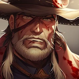 Clear focus, High resolution, max detail, Portrait, bearded, Gunslinger, Cowboy, cowboy hat, serious face, Blood Splatter