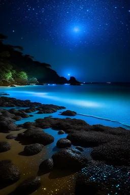 The beach of the island of Leela its waters are full of blue stars illuminated by blue light