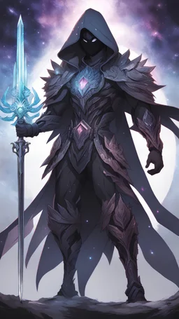 Monster with Multiarms, hoodie, cover face, crystal sword, crystals arm, galaxy face, solo leveling shadow artstyle , high details, intricate details, highly detailed