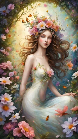a whimsical garden nymph surrounded by blooming flowers, radiating beauty and grace. Emphasize the delicate features of the nymph and the vibrant, enchanting colors of the flora