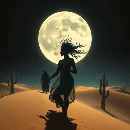 Shadows in a dark room at midnight, Enki Bilal art tykho moon woman beautiful yoga sand dunes, saguaro cacti, beats antique, androgynes DNA strand, perfectly beautiful people, full bodies walking through a desert sand dunes following bedouins, Enki BIlal illustrated STyle Double exposure, extreme details, rich dynamic colors, spirit, invocation, 3d, two sun solar system, full moon, stars, esoteric, sheer, Peridot, emerald green. citrine, ultramarine blue, diamonds, gold, sunset, high contrast, p