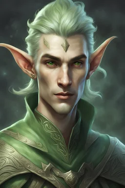 portrait of a light green elf sorcerer male