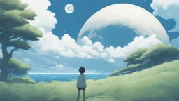 giant half transparent virtual moon, glitchy, blurry, mechanical, sci-fi, maximum quality, centered on frame, far view, in the middle of a grassy hill, white sky with cumulonimbus, manga, makoto shinkai style, blue sea