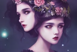 a beautiful cinematic female lolita goddess, flower crown, galatic shamen with quantum energy fantasy, fantasy magic, undercut hairstyle, dark light night, intricate, elegant, sharp focus, illustration, highly detailed, digital painting, concept art, matte, art by sam curry