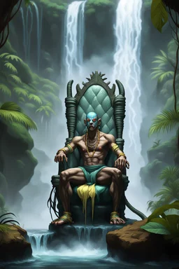 Dhalsim an electric eel necromancer on throne in foggy jungle waterfall