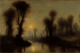 dry high weeds, creepy horror night, river, trees, mistery, philosophic and gothic horror influence, trascendent influence, willem maris, friedrich eckenfelder, and pieter franciscus dierckx impressionism paintings