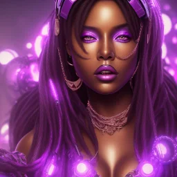 full body shot, masterpiece, best quality, voluptuous, black-skinned, sparkling eyes, fluorescent skin,purple-dark makeup, gangsta style, highly detailed body, sunlight, 4K, RAW, depth of field, high contrast, realistic details, 24mm