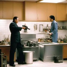 [high res photo by John Woo] the first scene of gun-fu in a kitchen