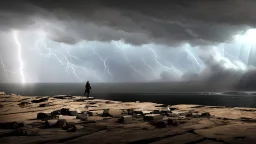 PEACE IN GAZA.Photo-realistic scene ,desolate, standing on a jagged cliff, overlooking turbulent, inky black ,A storm brews in the distance, with dark, ominous clouds gathering, powerful beam pierces the darkness, and within its light, ethereal shadows of shipwrecked souls can be seen, their translucent forms forever searching for a way home.