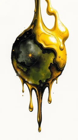 art illustration in the style of Luis Royo, large droplets of viscous and syrupy fluid, burnished jade, planet earth in crystal shape , golden yellow, ink black