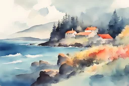 beautiful high ocean landscape vintage watercolor high contrast colorful