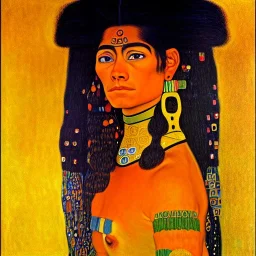 Retrato Épico al oleo de cuerpo entero de una amazona guerrera a caballo al estilo de Gustav Klimt 4k