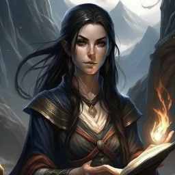 a powerful sorcerer, elder scrolls, female, pretty, attractive, hermaeus mora, black hair, aged 13