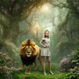 Young beautiful girl with floral crown standing next to a stunning lion on nature forest path, Chronicles of Narnia, 8k resolution, high-quality, fine-detail, iridescent, intricate, digital art, detailed matte, volumetric lighting, beautiful, illustration, 3D octane render, brian froud, howard lyon, selina french, anna dittmann, annie stokes, lisa parker, greg rutowski,